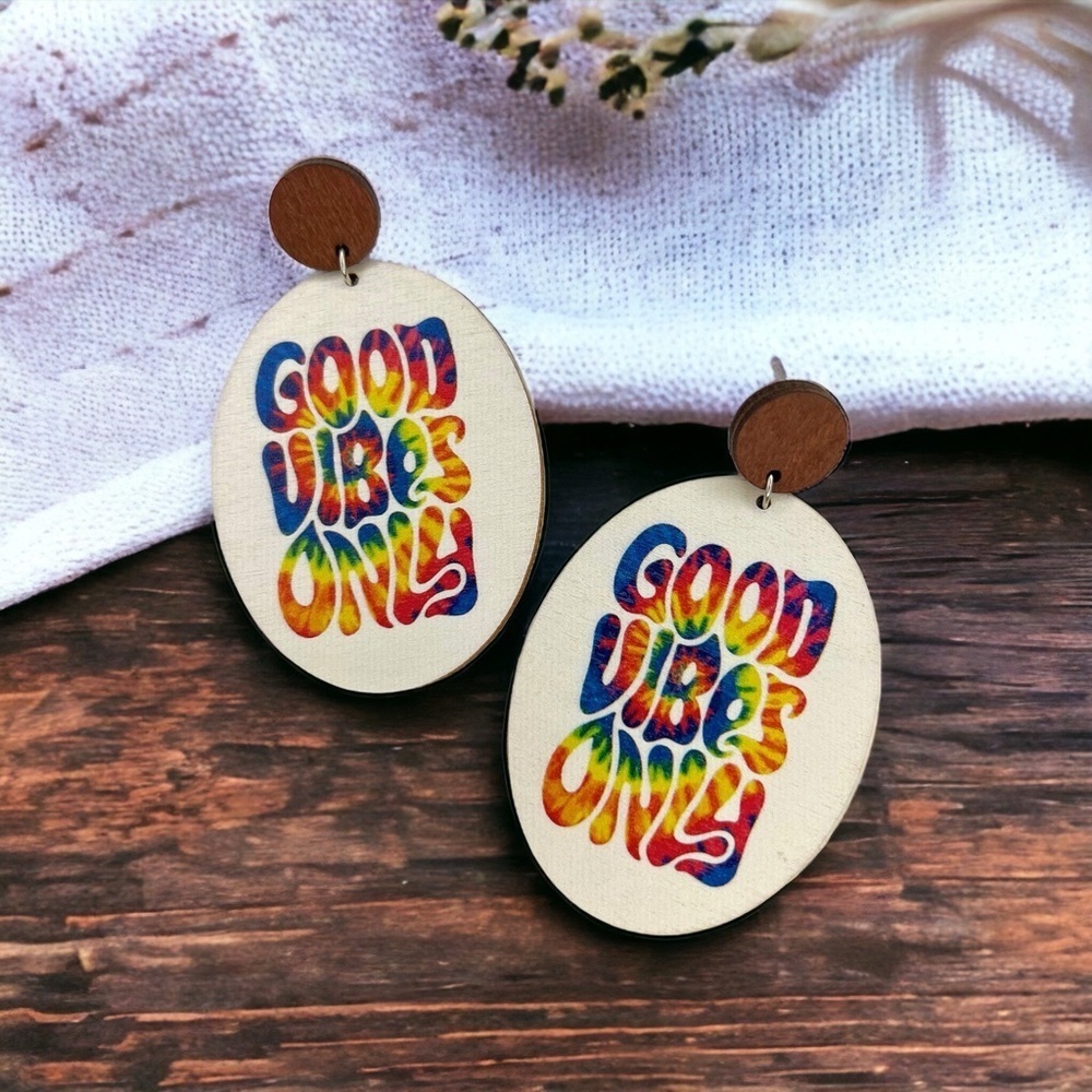“Good Vibes Only” Rainbow Tie Dye Earrings - Brand New - Picture 6 of 6